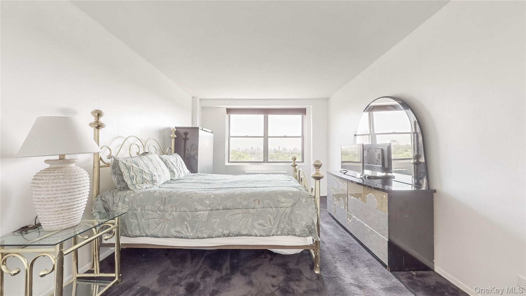 Expansive wall-to-wall carpeting, large window with ample natural light, and a bright white wall finish