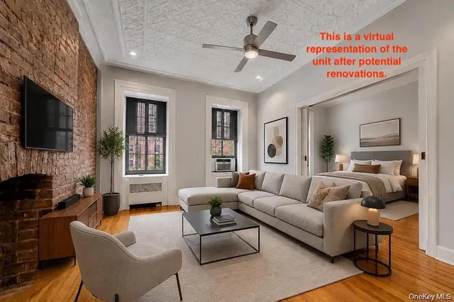 Virtually staged. This is how the apartment could look like after renovation.
